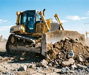 Yellow bulldozer pushing a pile of dirt and rocks.