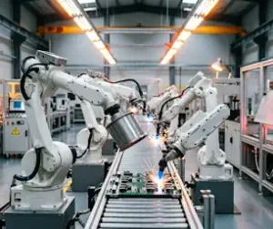 White industrial robots welding components on a factory assembly line.