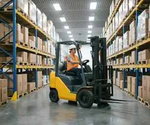 Warehouse worker operating a yellow forklift between tall storage racks.